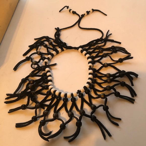 Bohemian style Black and Cream Tassel Necklace- leather and beads make this up - Picture 8 of 9